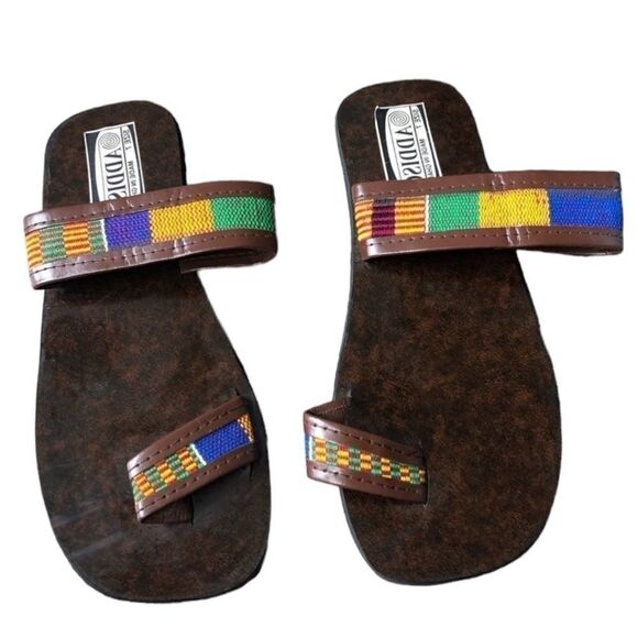 AFRICAN KENTE Cloth Print Tortoise Sandals Slides Flip Flops - Picture 1 of 13